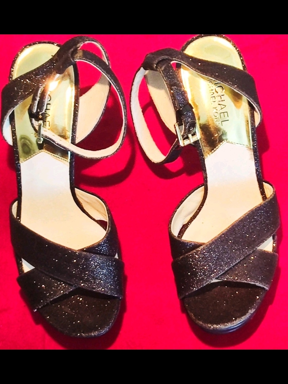 Michael Kors Wpmens Black Glitter Gideon Platform Stiletto Sandals Size 7.5M... - Picture 3 of 11